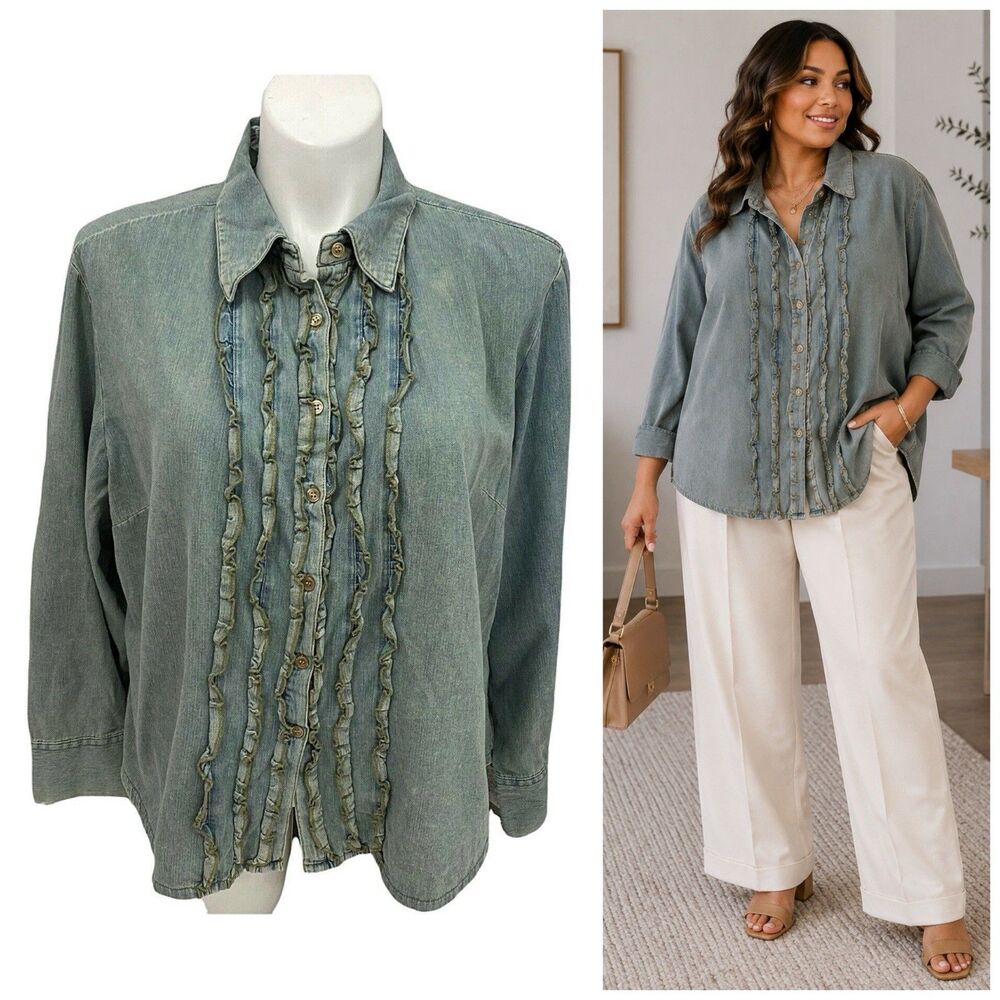 Jeanology Chambray Shirt Womens 24W Tuxedo Ruffle Button Up Blue Top Work Office